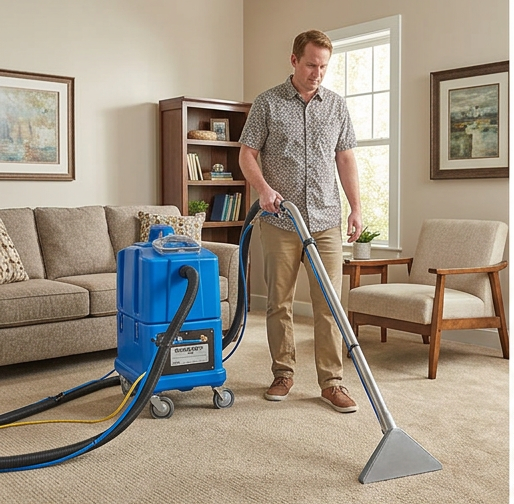 Next Level Clean technician cleaning carpet with professional equipment in Winnipeg