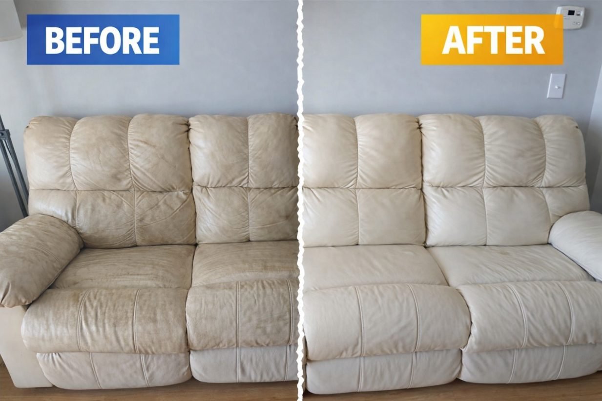 Leather sofa cleaning before and after by Next Level Clean in Winnipeg